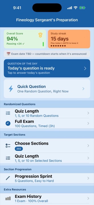 The Fineology home screen showing the free Question of the Day and a study streak